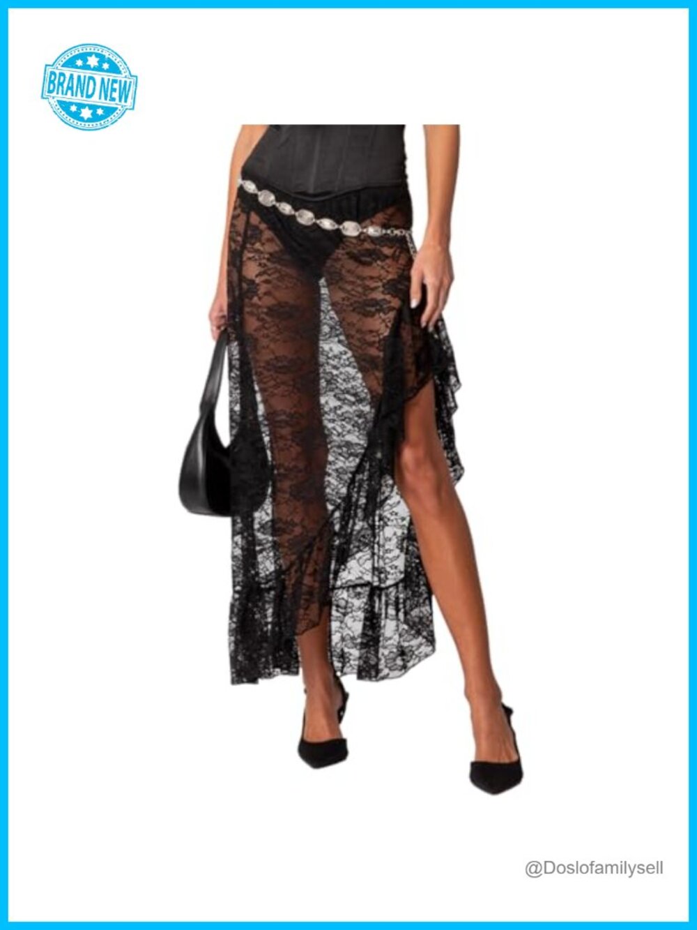 Women Lace Mesh Ruffle Midi Skirt High Low Asymmetrical See Through Cover Up